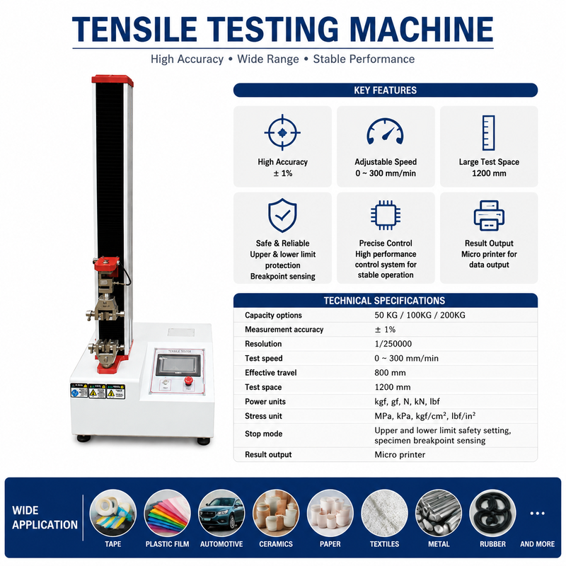 Macchina di prova della resistenza alla trazione ad alta precisione 50 kg 100 kg 200 kg Tester universale di resistenza del materiale per nastro di gomma a pellicola di plastica